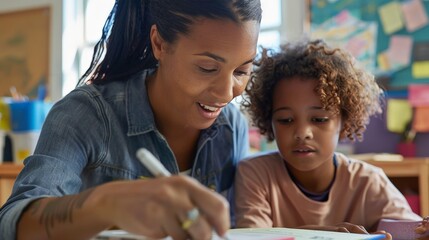 Canvas Print - In a bright, cheerful classroom, a school teacher helps a student understand a complex math problem.