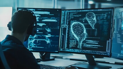 Poster - A person wearing headphones sits in front of a computer screen displaying code and a digital rendering of a human brain. 