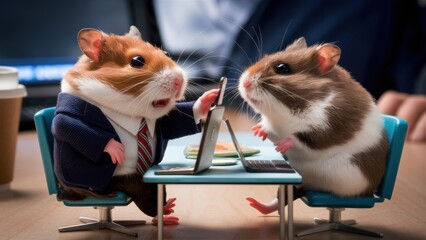 Poster - Two hamsters sitting at a desk with one holding the mouse, AI