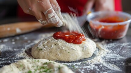 Canvas Print - Making homemade pizza from scratch, kneading dough and spreading sauce with excitement.