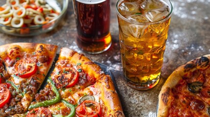 Wall Mural - Pairing pizza with a cold drink, whether it's soda, beer, or a refreshing iced tea.