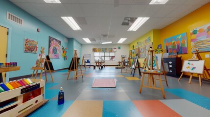 Sticker - Picture a 3D art room with easels, paint supplies, and student artwork displayed on the walls.