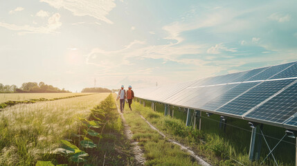 A pair of people stroll along a path adjacent to solar panels under a bright sky, symbolizing harmony between nature and technology.