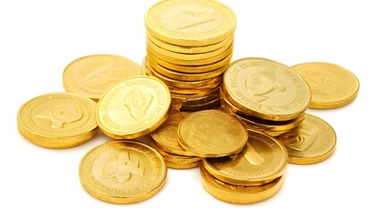 Wall Mural - A pile of gold coins, some stacked high, sit on a white background.