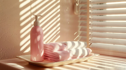 Canvas Print - Soft, warm sunlight filters through blinds onto a minimalistic setting with a pink bottle and folded towels, exuding calm and coziness.