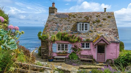 Poster - Picture a charming seaside cottage in Cornwall with pastel-colored walls, a tiled roof, and a front garden overlooking the ocean.