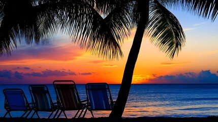 Poster - Silhouetted palm tree with a sunset over the ocean and empty chairs.