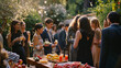 © VK Studio - A lively outdoor celebration with elegantly dressed guests mingling and savoring refreshments amidst lush greenery and string lights.