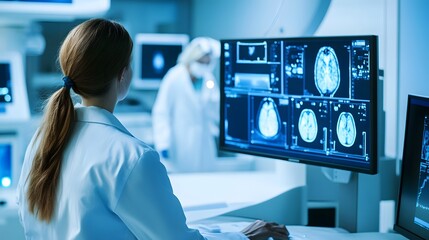 Wall Mural - a female doctor in a white coat analyzes brain scans on a computer screen.