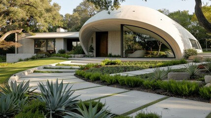 Sticker - Picture a futuristic dome house with a smooth, curved exterior and large windows.