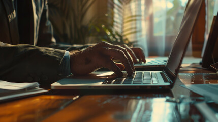 Sticker - A close-up of hands typing on a laptop keyboard with warm sunlight streaming through a window in a cozy workspace.