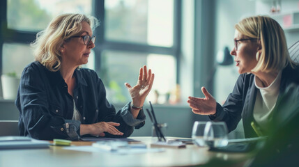 Sticker - Two women engaged in a serious discussion at a bright, modern office table; light streaming in through large windows in the background.