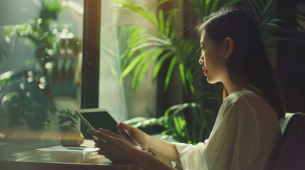 Sticker - A woman engrossed in her tablet sits by a sunlit window surrounded by lush indoor plants, basking in the morning light.