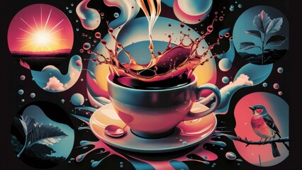 Wall Mural - A painting of a cup with liquid splashing out and birds flying around it, AI