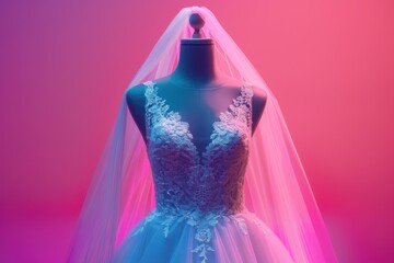 Wall Mural - A stunning wedding dress displayed on a mannequin against a vibrant pink background