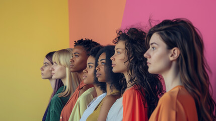 A diverse group of women standing in profile against a colorful background, representing unity, strength, and the beauty of diversity.