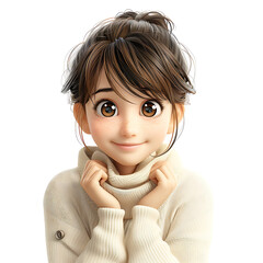 7. Digital 3D cel animation illustration of a joyful Japanese teenage woman with flawless skin and a captivating smile, with her eyes sparkling, against a plain white background 