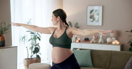 Poster - Fitness, pregnant and woman and stretching at house with yoga exercise, relax muscle and body flexibility. Female person, pregnancy and pilates training, breathing technique and wellness in lounge