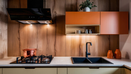 Canvas Print - A kitchen with a stove top and sink in the middle, AI