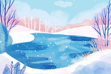 Sticker - Cute frozen lake illustration scenery painting outdoors.