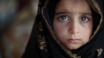 Canvas Print - Little muslim girl wearing a chador crying at a funeral