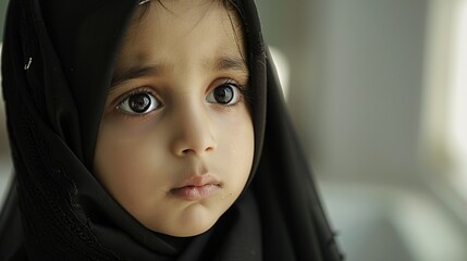 Wall Mural - Little muslim girl wearing a chador crying at a funeral