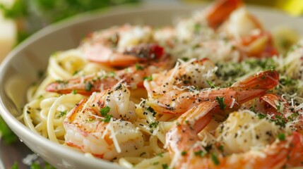 Wall Mural - Delicious Spaghetti with Juicy Prawns, Cheese, and Fresh Herbs on a Plate