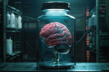 Wall Mural - Futuristic AI brain in a jar, glowing neon lights.