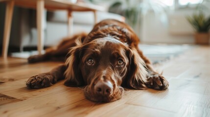 Sticker - Lonely bored brown retriever dog waiting at home, lying alone on wooden floor, close-up portrait