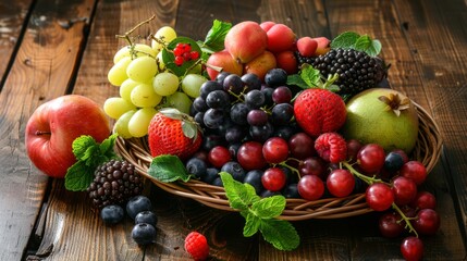 Wall Mural - Rustic Still Life of Assorted Fruits and Berries from a Top View in Vintage Style