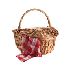 Wall Mural - One picnic wicker basket with checkered napkin isolated on white