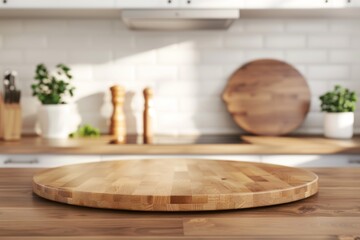 Empty Round Wooden Tabletop in Clean and Bright Kitchen Ready for Display and Product Montage