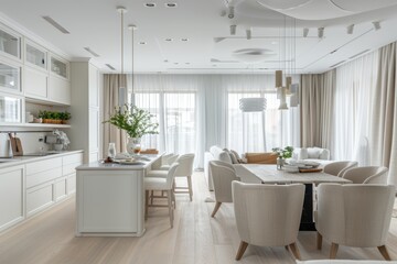 Wall Mural - Stylish kitchen, dining room with white cabinetry, light wood floors, large windows