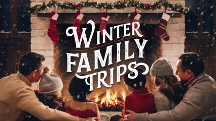 Poster - A family is sitting around a fire place with the words winter family trips, AI