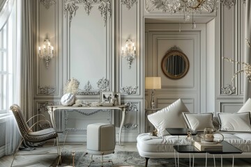 Wall Mural - A white living room with ornate molding, plush furniture, and a modern design