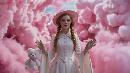 Canvas Print - A woman in a white dress holding teddy bear and pink clouds, AI