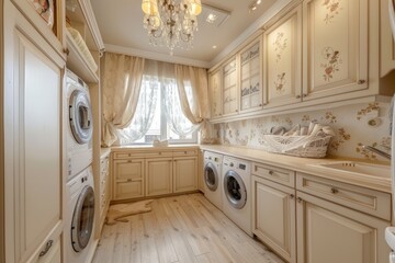 Wall Mural - A stylish laundry room with white cabinets, a window, and a sink