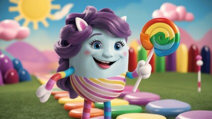 Poster - A cartoon character holding a lollipop in front of colorful candy, AI