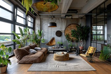 Wall Mural - A modern loft apartment with large windows, a comfortable brown couch, and lush greenery