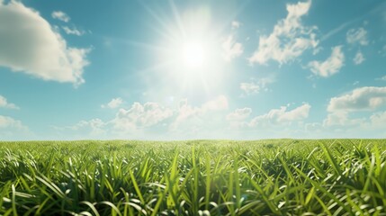 Wall Mural - A field of grass with a bright sun shining down on it