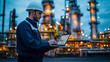 © Olha Havelia - A photo of an engineer in a hard hat using a laptop while standing near a large industrial plant with pipes and boiling equipment, focused on work during his shift at an oil or gas