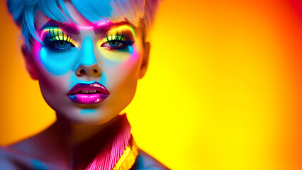 Wall Mural - Fashionable woman in fluorescent studio light. Glamorous neon colors make up. Decorative cosmetics