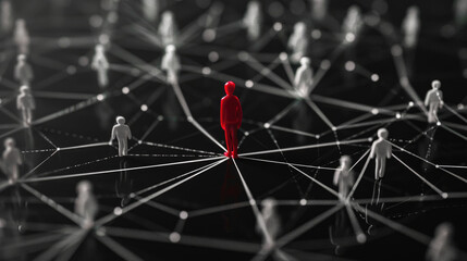 A network of people connected by lines, with one person in red standing out among the white figures on a black background, symbolizing selfhood and personal growth through social connections.