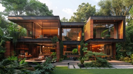 Sticker - Modern Brick House Surrounded by Lush Greenery