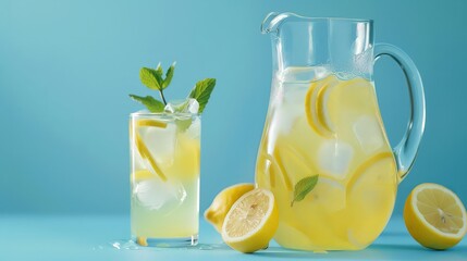 A fresh lemonade on a blue background with lemons and mint