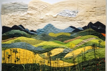 Wall Mural - Field landscape quilting art.