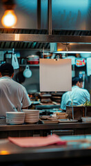 Wall Mural - A kitchen with a chef and a line of dirty plates