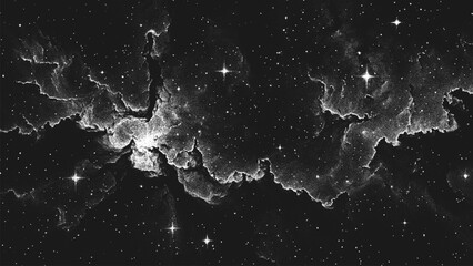 Aufkleber - Deep space scene background in stippling style with amazing huge nebula and glowing stars cluster in universe. Retro styled dotwork. Pointillism. Noisy grainy shading using dots. Vector illustration