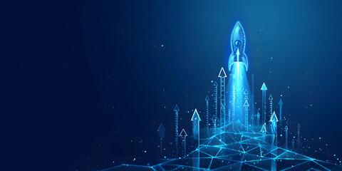 Wall Mural - Abstract futuristic blue background with glowing arrows pointing upwards and a rocket taking off. Vector illustration symbolizing stock market growth or business success.