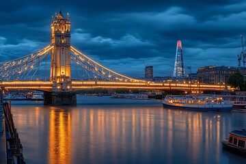 Canvas Print - Tower Bridge at dusk illuminated and reflected in Thames river